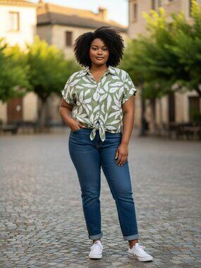 Haver London Forest Green with White Floral Design Short Sleeve Tie Front Blouse